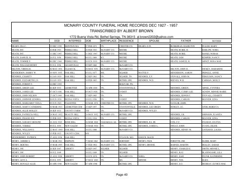 Mcnairy county funeral home records dec 1927 - 1957