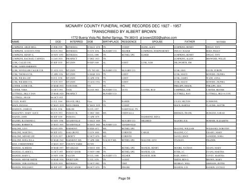 Mcnairy county funeral home records dec 1927 - 1957