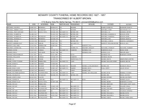 Mcnairy county funeral home records dec 1927 - 1957