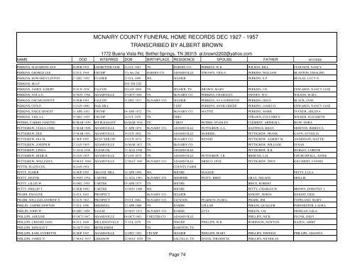 Mcnairy county funeral home records dec 1927 - 1957