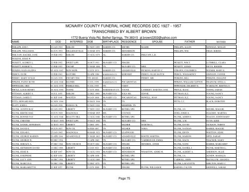 Mcnairy county funeral home records dec 1927 - 1957