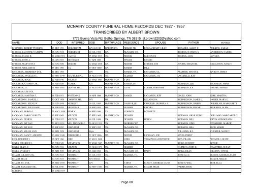 Mcnairy county funeral home records dec 1927 - 1957