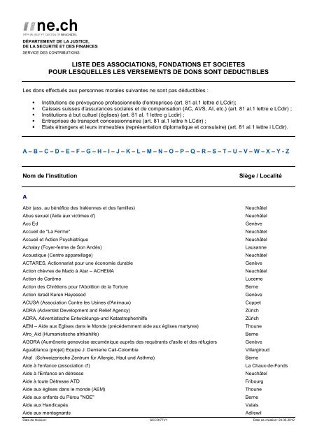 Versements bénévoles - Dons déductibles - Canton de Neuchâtel