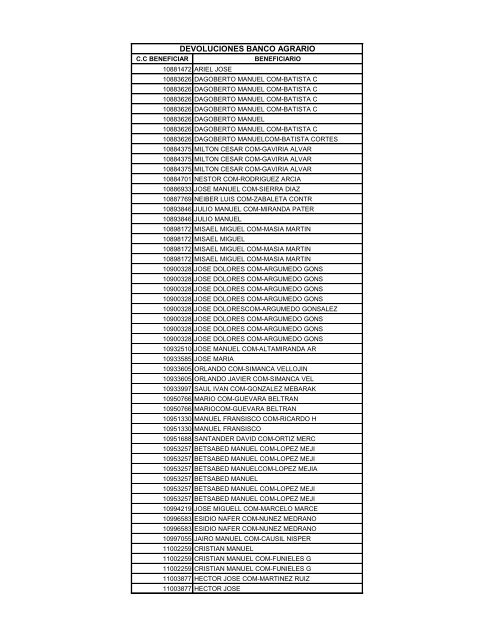 DEVOLUCIONES BANCO AGRARIO - Comcaja