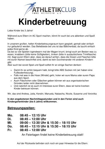 Zeiten und Infos Kinderbetreuung - Athletik Club 1892 Weinheim eV