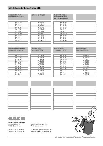 Abfuhrkalender blaue Tonne 2008 - KURZ Recycling