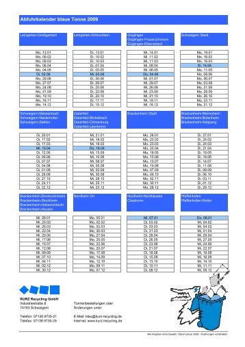 Abfuhrkalender blaue Tonne 2009 - KURZ Recycling