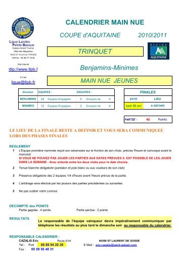 TRINQUET Benjamins-Minimes CALENDRIER MAIN NUE