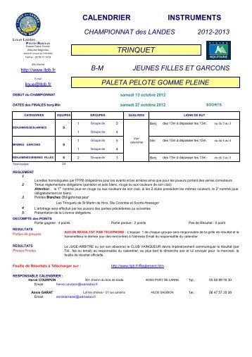 CALENDRIER INSTRUMENTS TRINQUET - ligue des landes de ...