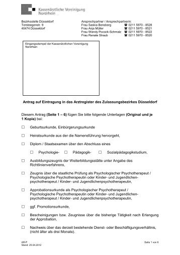 Antrag auf Eintragung in das Arztregister Düsseldorf ...