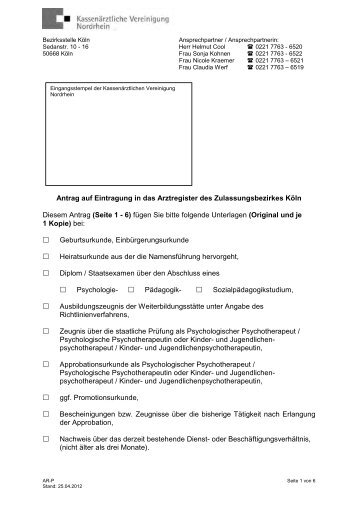 Antrag auf Eintragung in das Arztregister Köln - Kassenärztliche ...