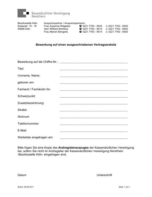 Bewerbung auf einen ausgeschriebenen Vertragsarztsitz (KÃ¶ln)