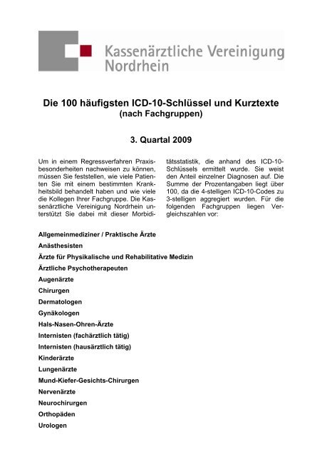 Die 100 häufigsten ICD-10-Schlüssel und Kurztexte (nach ...