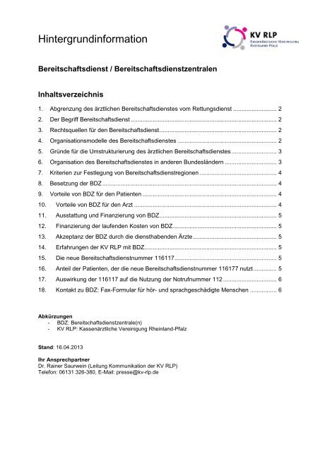 Hintergrundinformation Bereitschaftsdienst ... - KV RLP