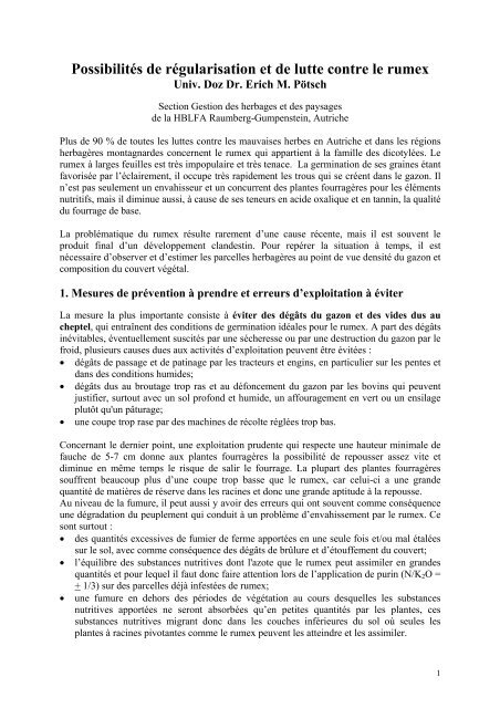 Possibilités de régularisation et de lutte contre le rumex