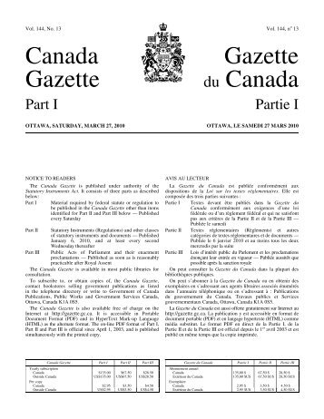 Canada Gazette, Part I - Gazette du Canada