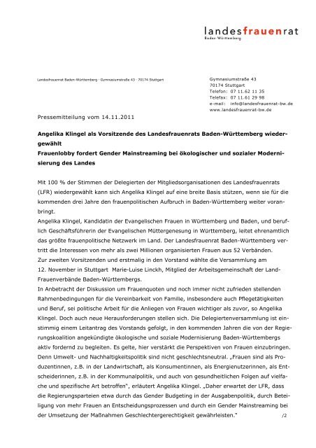Pressemitteilung vom 14.11.2011 Angelika Klingel als Vorsitzende ...