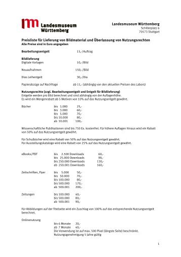 Landesmuseum Württemberg Preisliste für Lieferung von ...