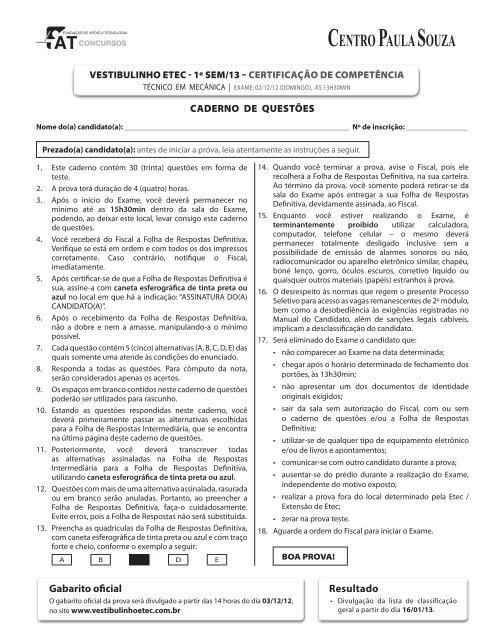 Vestibulinho Etec - Centro Paula Souza - Governo do Estado de ...