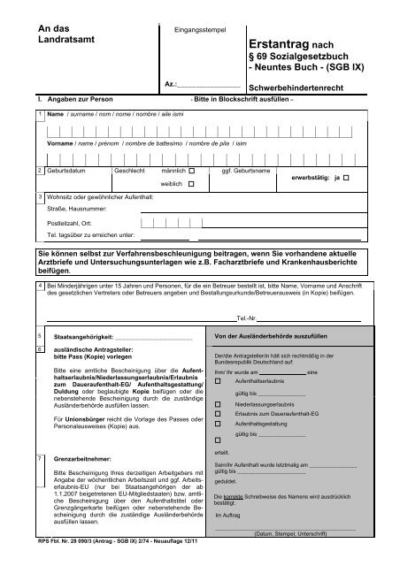 Erstantrag nach § 69 Sozialgesetzbuch - Neuntes Buch - SGB IX