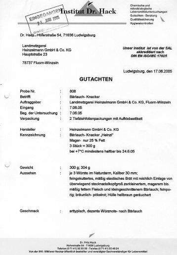 Bärlauch-Knacker - Gutachten vom 17.06.2005 - Landmetzgerei ...
