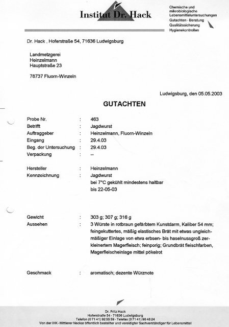 Jagdwurst - Gutachten vom 05.05.2003 - Landmetzgerei Heinzelmann
