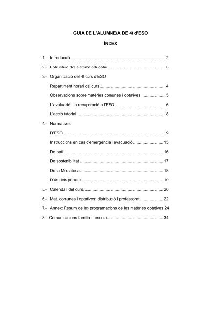 GUIA DE L'ALUMNE/A DE 4t d'ESO ÍNDEX - Escola Proa