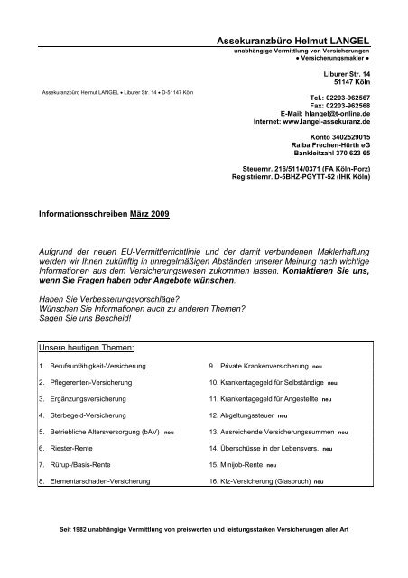 Infoschreiben 03/2009 - Assekuranzbüro Helmut Langel