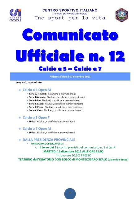 1 Comunicato Ufficiale n. 12 Calcio a 5 - CSI Macerata