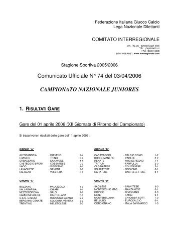 Comunicato Ufficiale N° 74 del 03/04/2006 CAMPIONATO ...