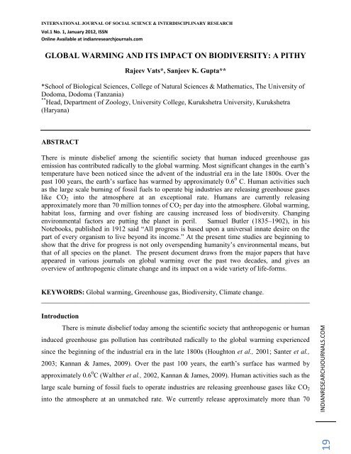 GLOBAL WARMING AND ITS IMPACT ON BIODIVERSITY: A PITHY