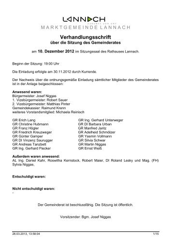 Protokoll der Gemeinderatssitzung vom 10.12.2012