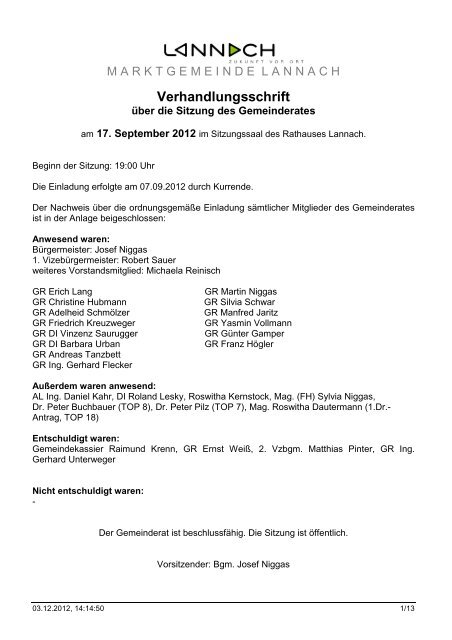 Protokoll der Gemeinderatssitzung vom 17.09.2012