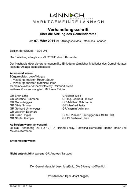 Sitzungsprotokoll der Gemeinderatssitzung vom 07.03.2011