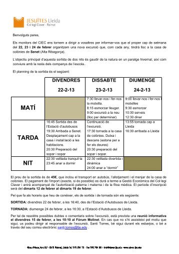 Carta informativa excursió Senet - Col·legi Claver