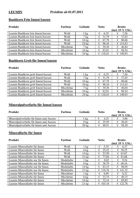 LEUMIN Preisliste ab 01.07.2011 Mineralfarbe für Aussen ...