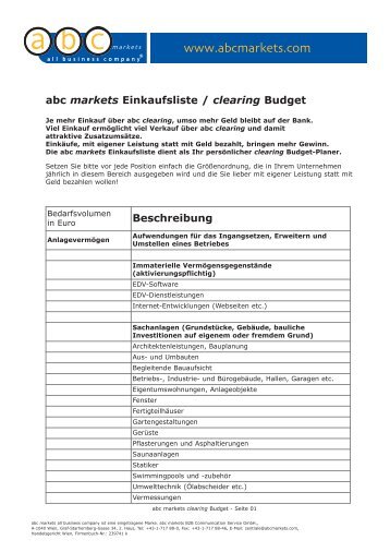 abc markets Einkaufsliste / clearing Budget Beschreibung