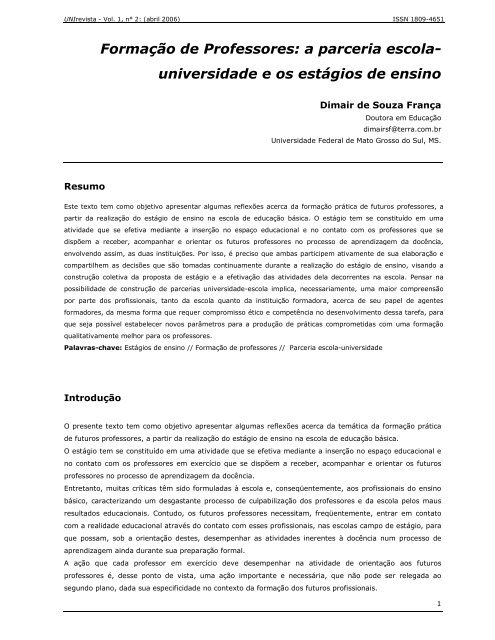 Formação de Professores: a parceria escola ... - Unirevista