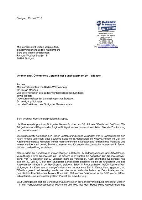 Offener Brief. Öffentliches Gelöbnis der Bundeswehr am 30.7