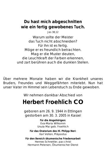 Todesanzeige für Herbert Froehlich - Lebenshaus Schwäbische Alb