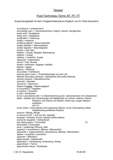 Glossar Food Technology Terms: BT, FF, FT