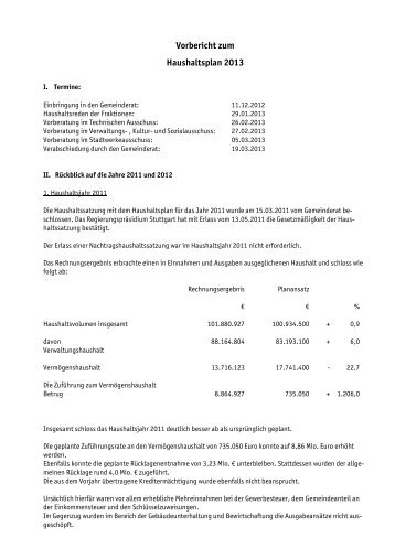 Vorbericht zum Haushaltsplan 2013 - in Leinfelden-Echterdingen