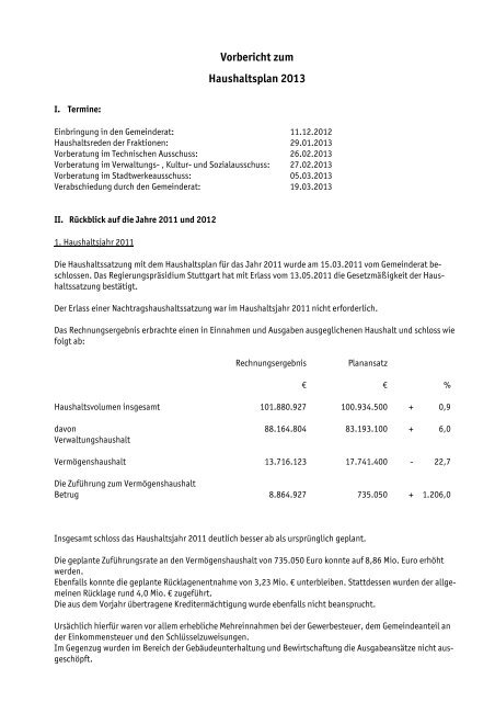 Vorbericht zum Haushaltsplan 2013 - in Leinfelden-Echterdingen