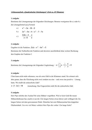 1.Klassenarbeit âQuadratische Gleichungenâ (Zeit ca. 45 ... - Lernwerk