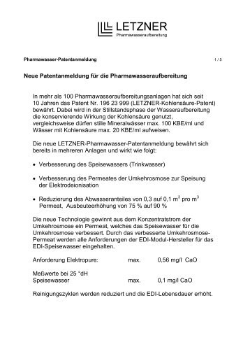 Letzner-Patente - Letzner Pharmawasseraufbereitung GmbH