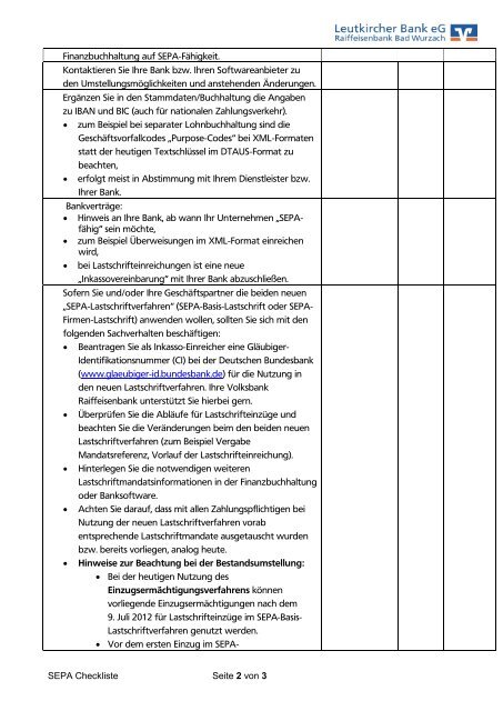 Checkliste für Firmenkunden - Leutkircher Bank