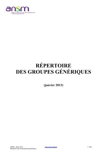 RÉPERTOIRE DES GROUPES GÉNÉRIQUES