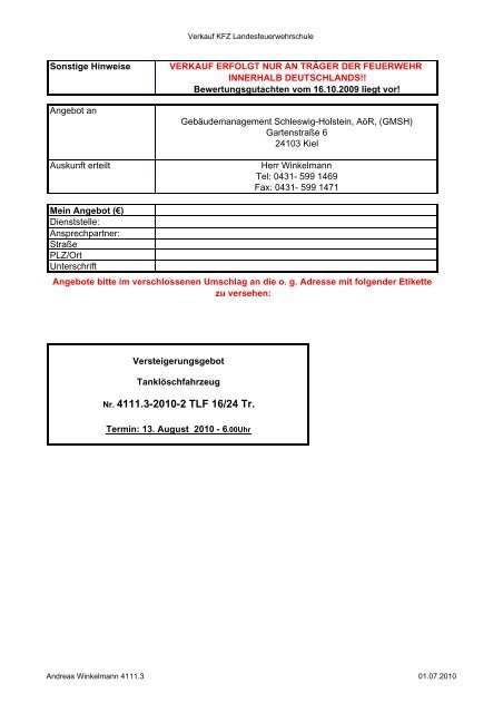 Angebot TLF 16-24 Tr - Landesfeuerwehrschule Schleswig-Holstein