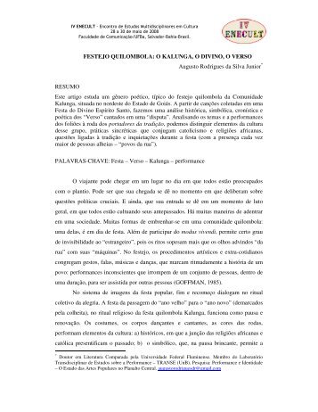 FESTEJO QUILOMBOLA: O KALUNGA, O DIVINO, O ... - CULT