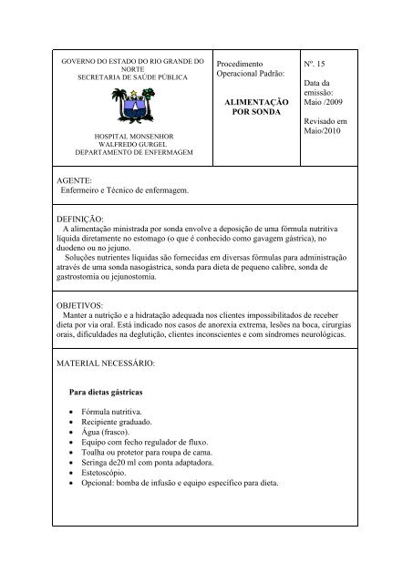 ALIMENTAÇÃO POR SONDA Nº. 15 Data da emissão - Hospital ...